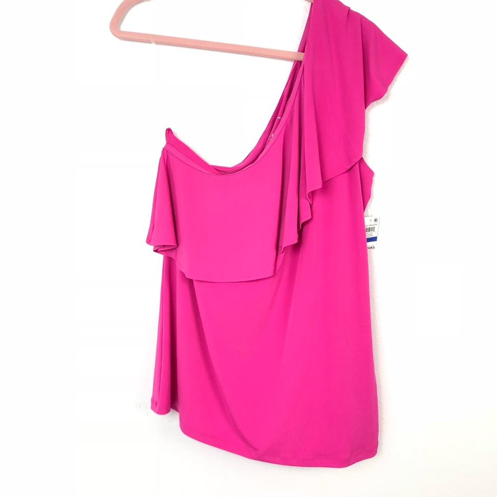 INC Top One Sleeve Ruffle Intense Pink Size 1X M78